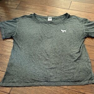 Victoria Secret P. I. N. K. Dark Gray Short Sleeve V neck Tee with Logo